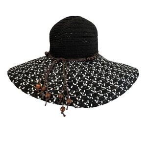 Fashion Hat Wide Brim Woven Sun Hat Beaded String Band NWT Black
